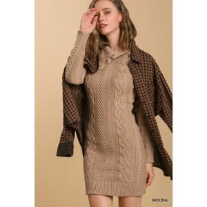 UMGEE Cable Knit Long Sleeve Cozy Mocha Mini Sweater Dress Womens Size M